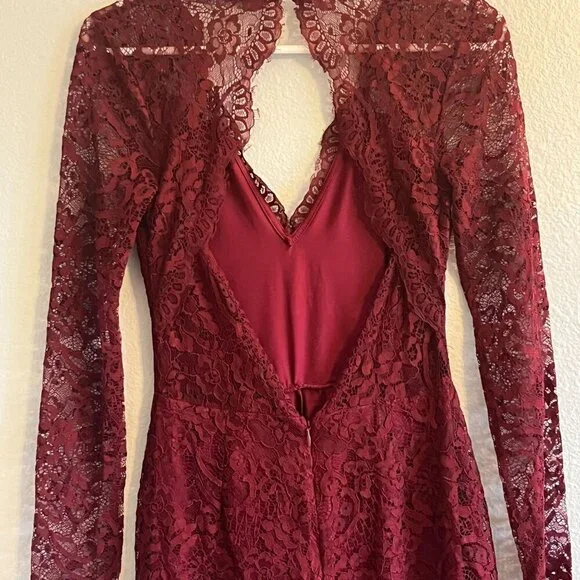 Lovers and‎ Friends Eve Lace Open Black Long Sleeve Romper Cranberry Red Size XS - Picture 8 of 11